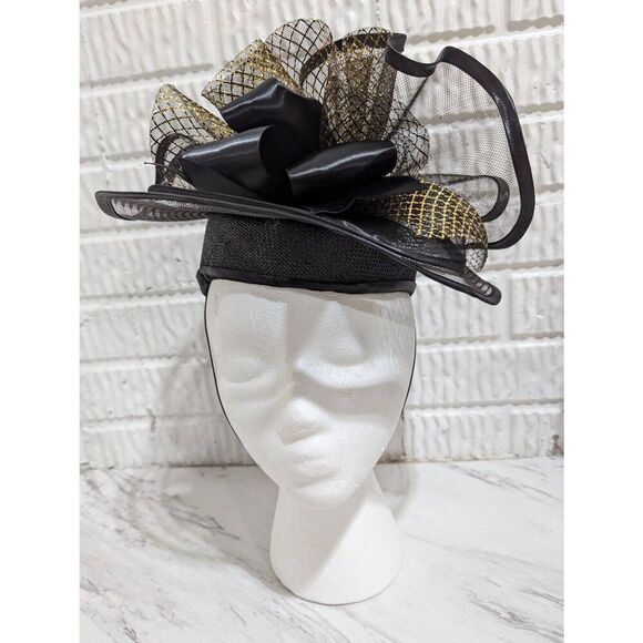 Chapeau Creations Women's Black Mesh Gold Embellished Hat in Box - Picture 8 of 9
